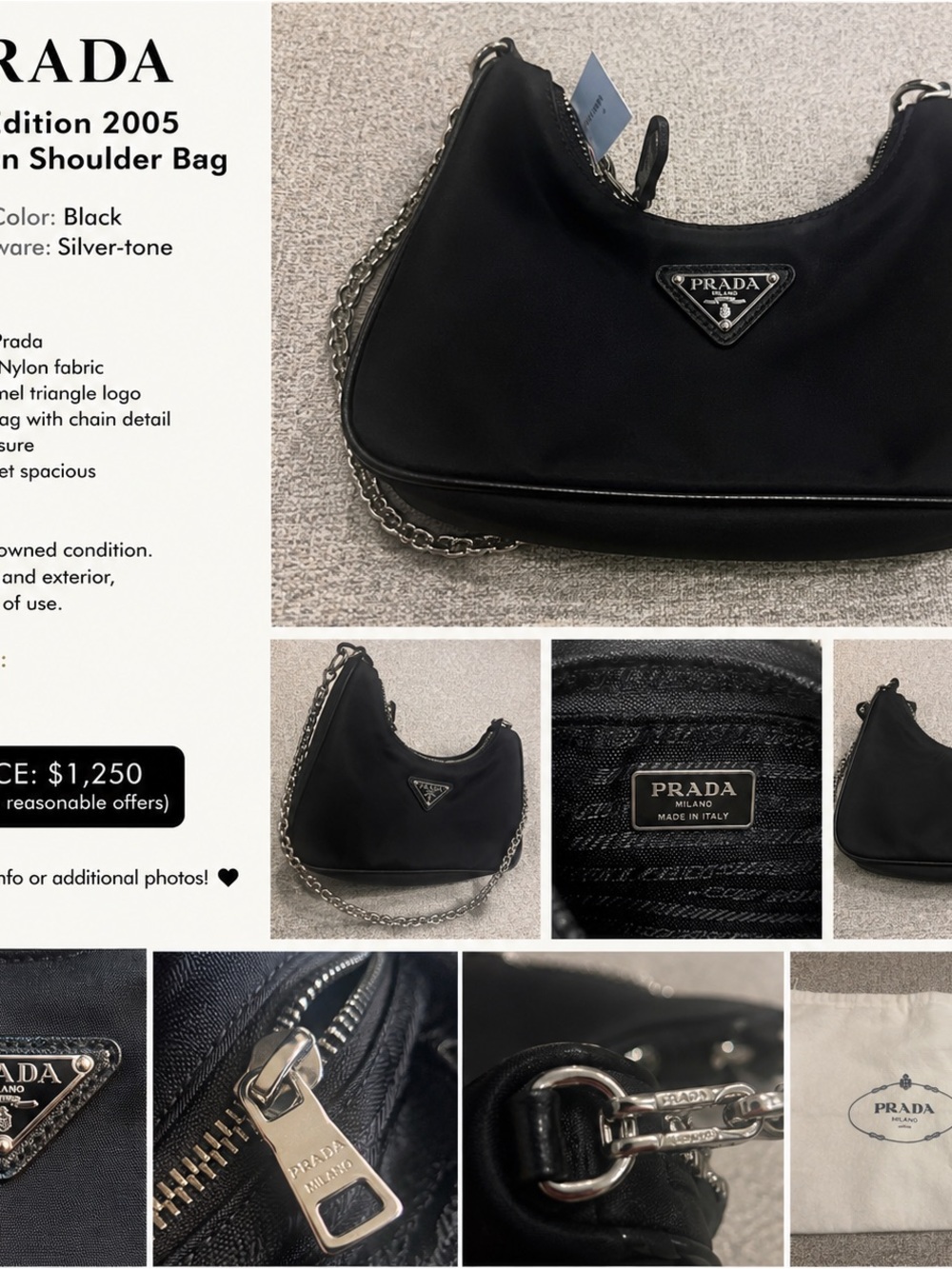 Prada Black Nylon Shoulder Bag with Chain Detail